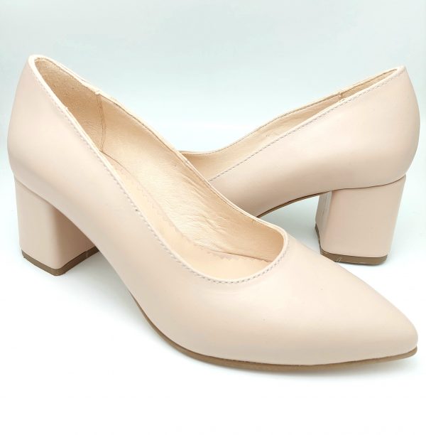 Pantofi dama cu toc gros din piele naturala nude - imagine 2