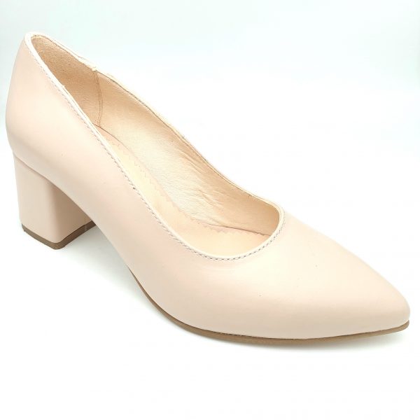 Pantofi dama cu toc gros din piele naturala nude