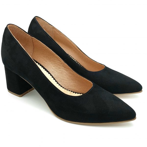 Pantofi dama cu toc gros din piele naturala intoarsa neagra - imagine 3