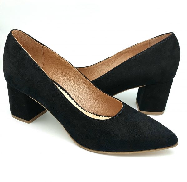 Pantofi dama cu toc gros din piele naturala intoarsa neagra - imagine 2