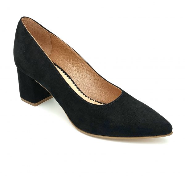 Pantofi dama cu toc gros din piele naturala intoarsa neagra