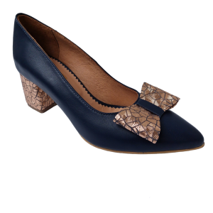 Pantofi dama din piele naturala bleumarin cu fundita