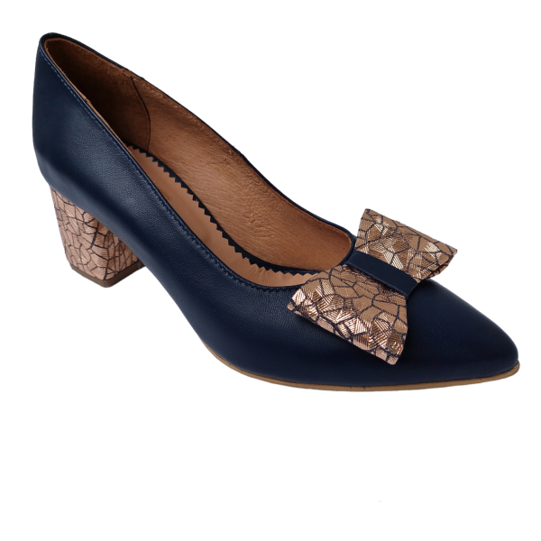 Pantofi dama din piele naturala bleumarin cu fundita