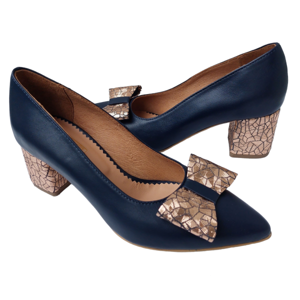 Pantofi dama din piele naturala bleumarin cu fundita - imagine 2