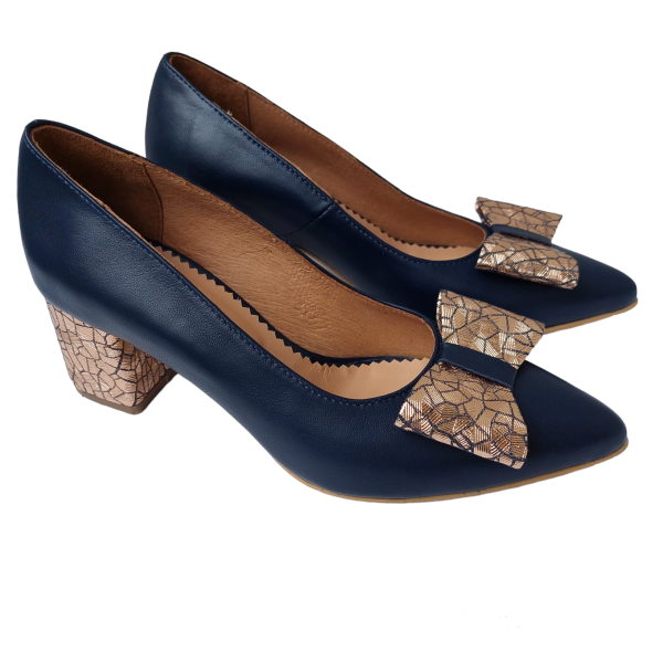 Pantofi dama din piele naturala bleumarin cu fundita - imagine 3