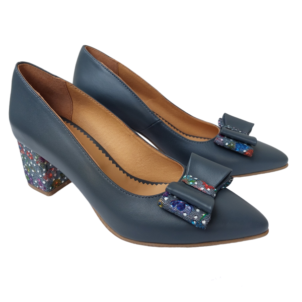 Pantofi dama din piele naturala gri cu fundita - imagine 3