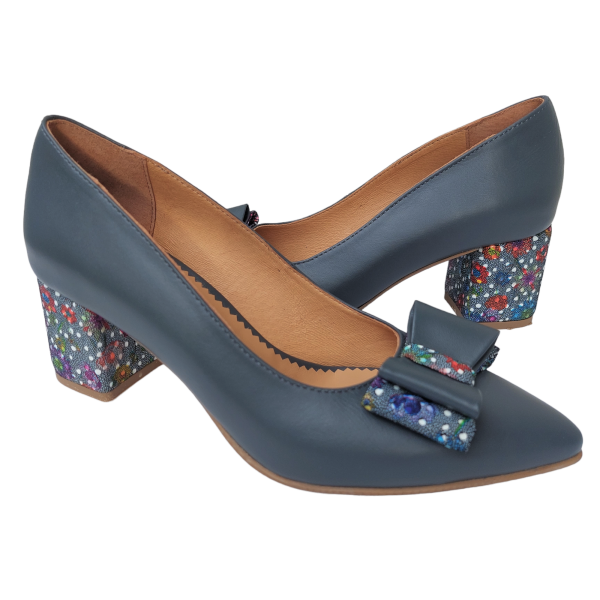 Pantofi dama din piele naturala gri cu fundita - imagine 2