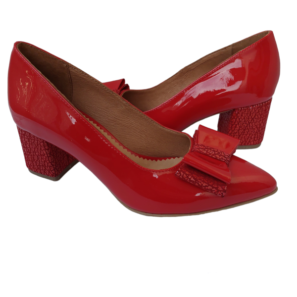 Pantofi dama din piele naturala lacuita rosie cu fundita - imagine 2