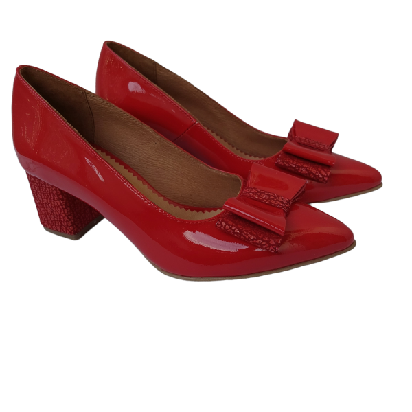 Pantofi dama din piele naturala lacuita rosie cu fundita - imagine 3