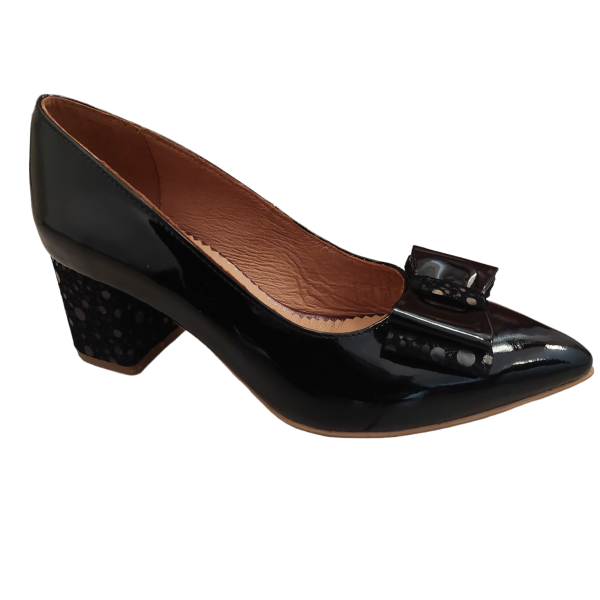 Pantofi dama din piele naturala lacuita neagra cu fundita