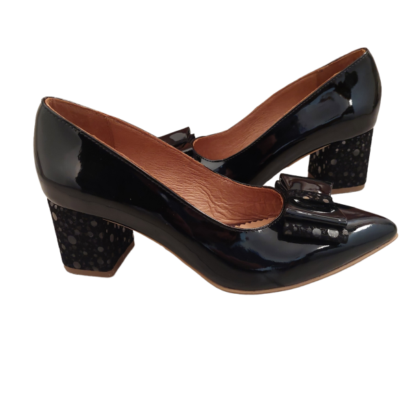 Pantofi dama din piele naturala lacuita neagra cu fundita - imagine 2