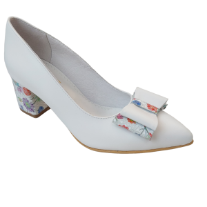 Pantofi dama din piele naturala alba cu fundita