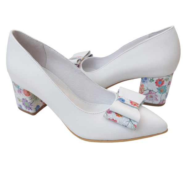 Pantofi dama din piele naturala alba cu fundita - imagine 2