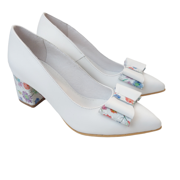 Pantofi dama din piele naturala alba cu fundita - imagine 3