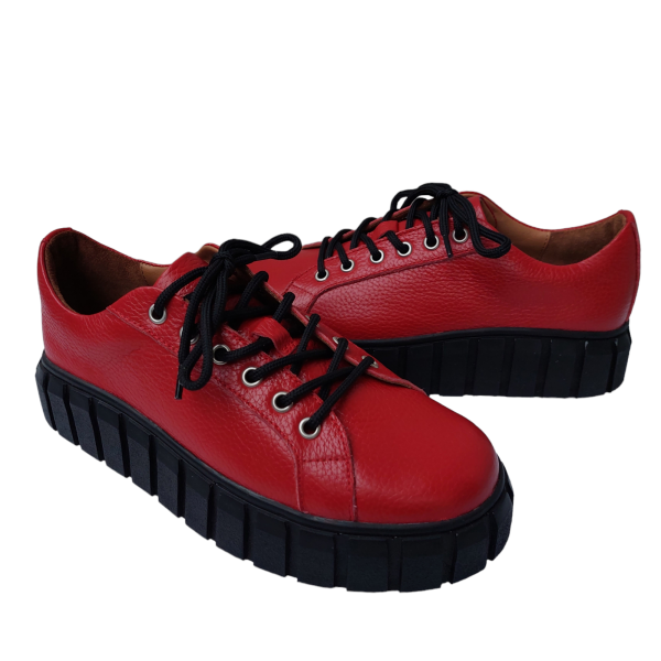 Pantofi dama cu siret din piele naturala bizonata rosie - imagine 2