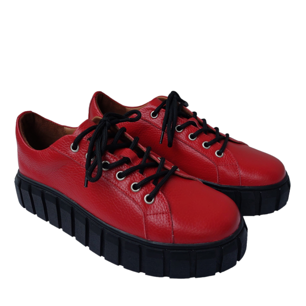 Pantofi dama cu siret din piele naturala bizonata rosie - imagine 3