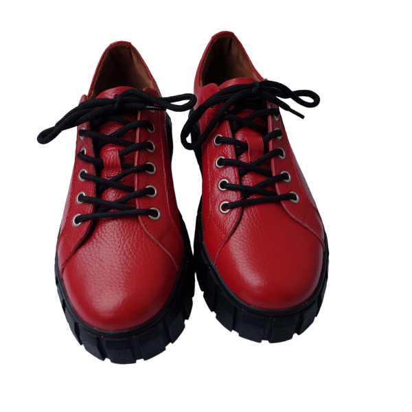 Pantofi dama cu siret din piele naturala bizonata rosie - imagine 4