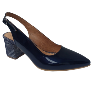 Pantofi decupati cu toc gros din piele naturala lacuita bleumarin