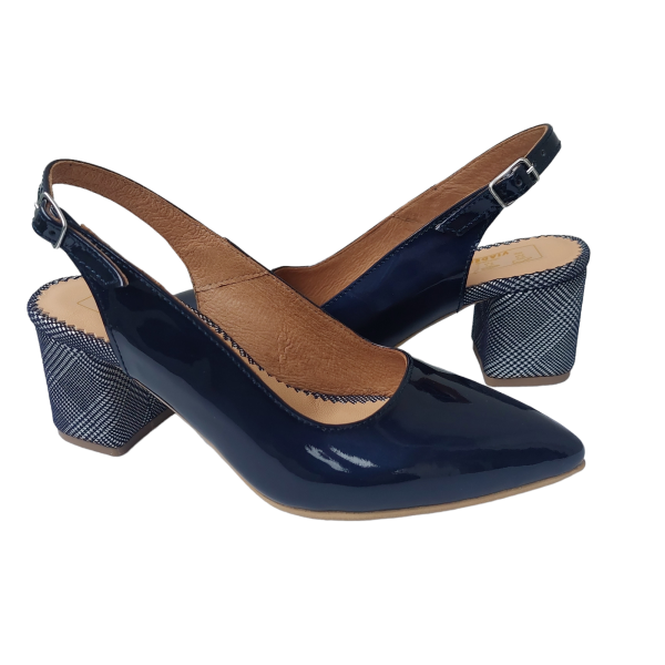 Pantofi decupati cu toc gros din piele naturala lacuita bleumarin - imagine 2