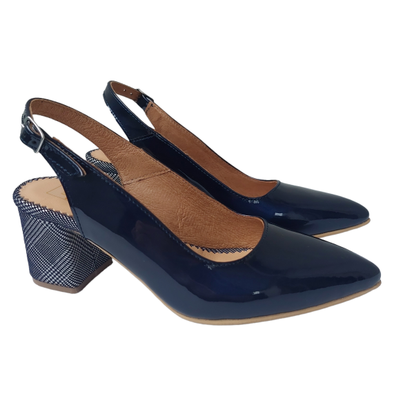 Pantofi decupati cu toc gros din piele naturala lacuita bleumarin - imagine 3