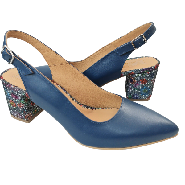 Pantofi decupati cu toc gros din piele naturala bleumarin - imagine 2