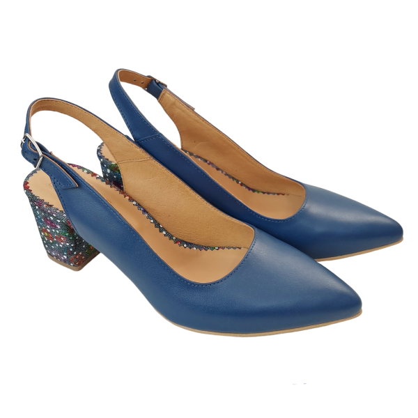 Pantofi decupati cu toc gros din piele naturala bleumarin - imagine 3