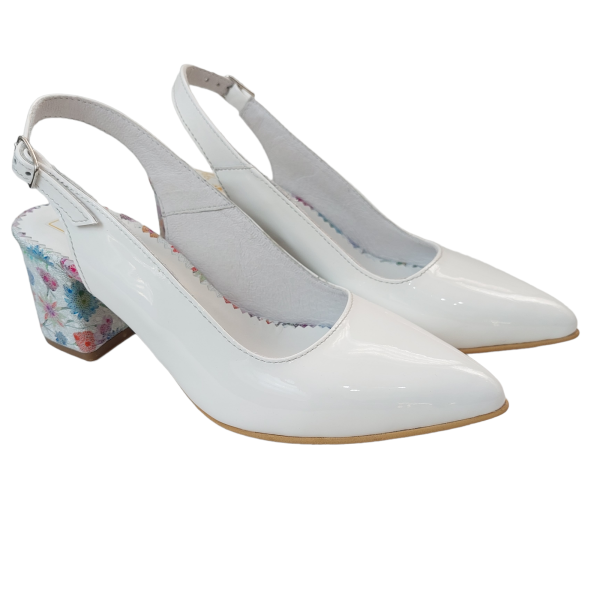 Pantofi decupati cu toc gros din piele naturala lacuita alba - imagine 3