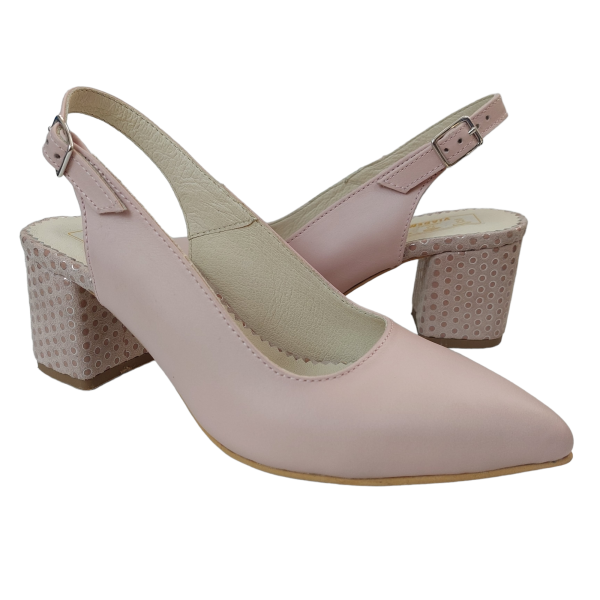 Pantofi decupati cu toc gros din piele naturala roz-nude - imagine 2