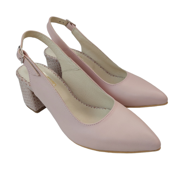 Pantofi decupati cu toc gros din piele naturala roz-nude - imagine 3