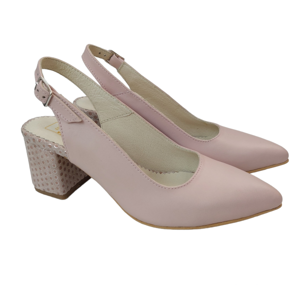 Pantofi decupati cu toc gros din piele naturala roz-nude - imagine 4
