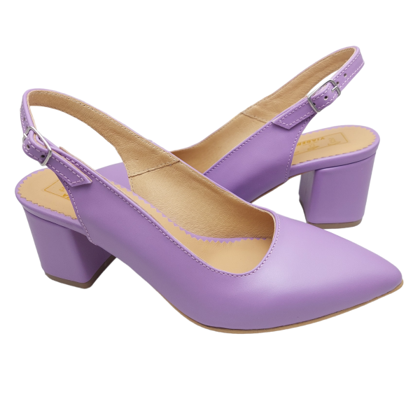Pantofi decupati cu toc gros din piele naturala lila - imagine 2