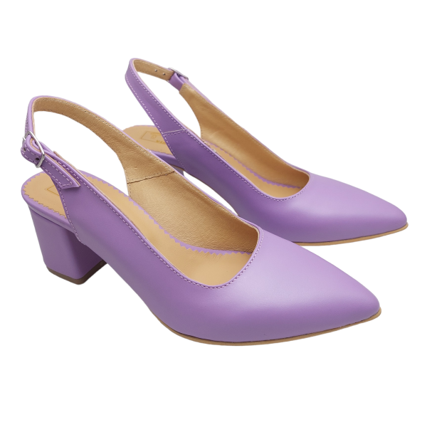 Pantofi decupati cu toc gros din piele naturala lila - imagine 3