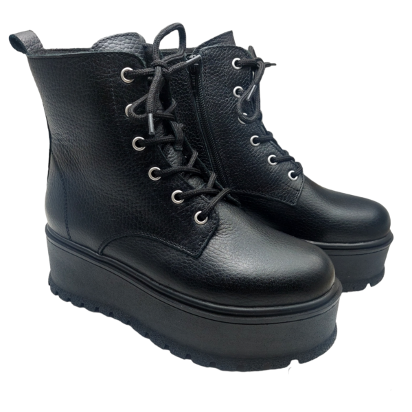 Ghete cu platforma din piele naturala neagra bizonata - imagine 3