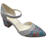 Pantofi decupati cu toc gros din piele naturala gri cu imprimeu