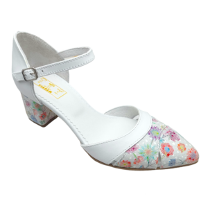 Pantofi decupati cu toc gros din piele naturala alba cu imprimeu floral