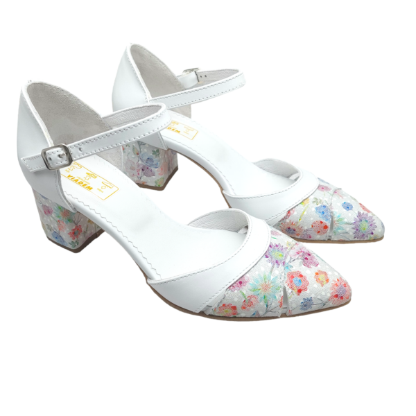 Pantofi decupati cu toc gros din piele naturala alba cu imprimeu floral - imagine 3