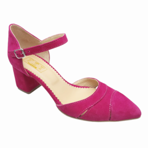 Pantofi decupati cu toc gros din piele naturala intoarsa fucsia