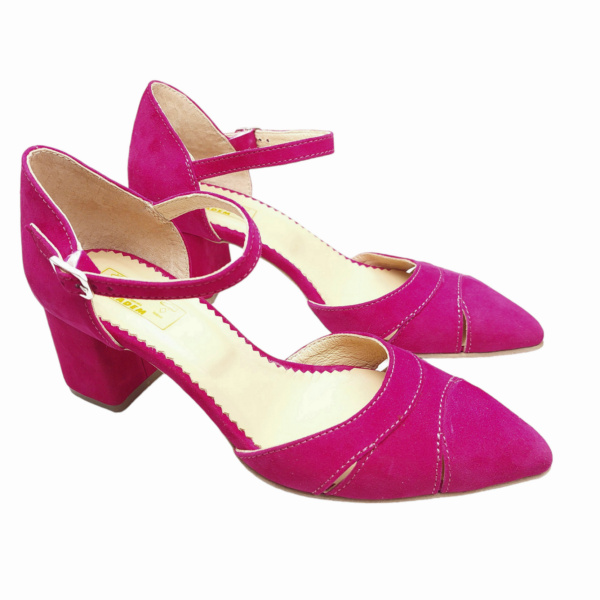 Pantofi decupati cu toc gros din piele naturala intoarsa fucsia - imagine 3
