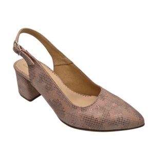 Pantofi decupati cu toc gros din piele naturala roz cu imprimeu