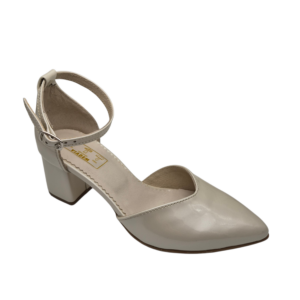 Pantofi decupati cu toc gros din piele naturala lacuita crem