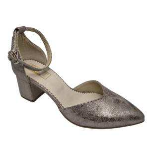 Pantofi decupati cu toc gros din piele naturala argintie